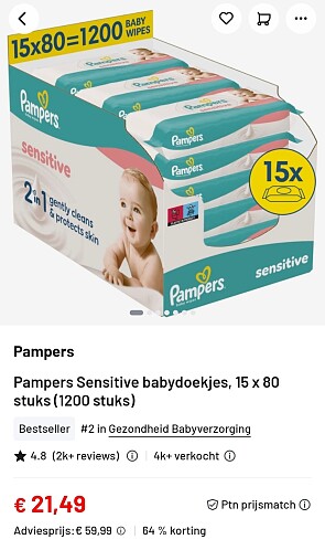 Pampers babydoekjes 15 x 80 doekjes -64%