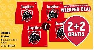 Jupiler pils flessen 8x33 cl 2+2 gratis bij Delhaize
