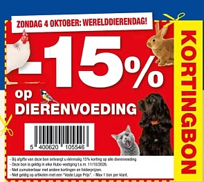 15% korting op Dierenvoeding bij Hubo