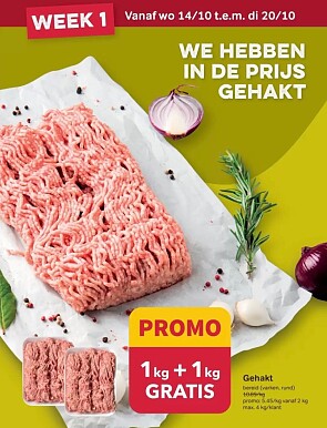 1 kg + 1 kg gratis gehakt varken- rund bij bon ap