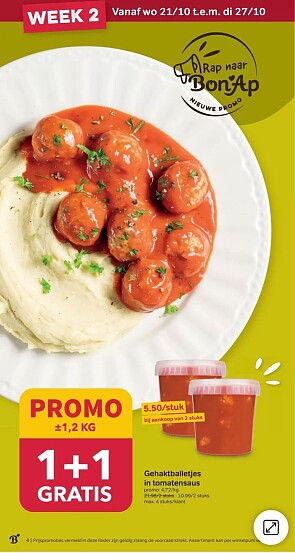 Gehaktballetjes in tomatensaus 1+1 gratis bij bon ap
