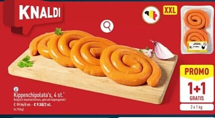 Kippenchipolata’s 4 stuks 1+1 gratis bij Aldi