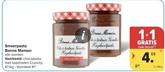 Smeerpasta Bonne maman 1+1 gratis + coupons bij Carrefour