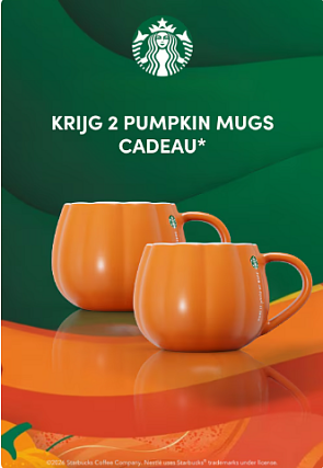 Krijg 2 Pumpkin Mugs cadeau bij aankoop Starbucks Dolce Gusto