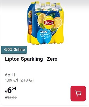 Lipton ice tea sparkling zero 6x1L -50% op Delhaize.be