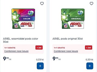 Ariel pods 30 stuks original en color voor 0,17/pod