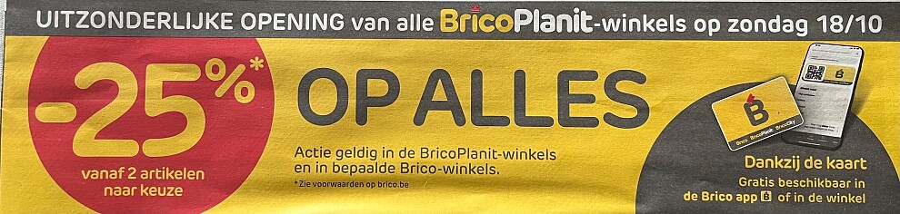 25% korting op alles bij brico planit op 18/10/26