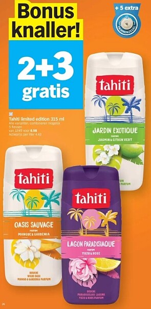 Tahiti limited edition 315 ml 2+3 gratis bij ah