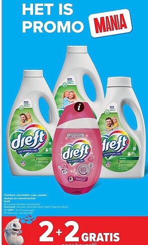2+2 gratis op Dreft wasmiddel quickwash naar keuze + bonuspunten coupon