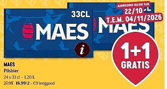 Maes pils bakken 24x33 cl 1+1 gratis bij Delhaize