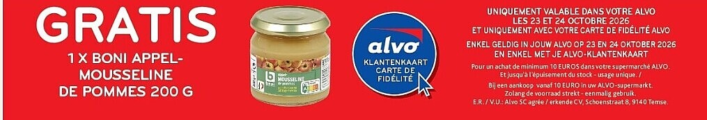 Gratis 1 Boni appel mousseline de Pommes 200 gram bij Alvo