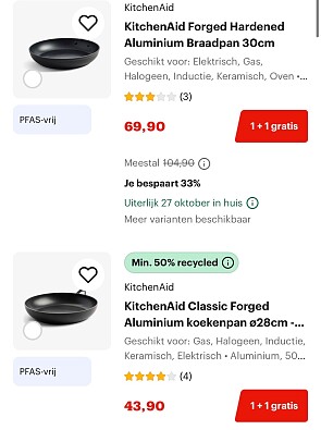 1+1 gratis op KitchenAid pannen
