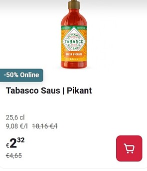 Tabasco saus pikant -50% op Delhaize.be