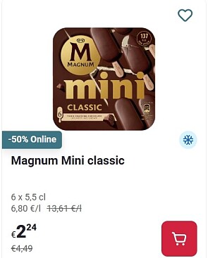 Magnum mini classic 6x5,5cl -50% op Delhaize.be