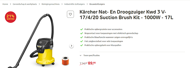 🧹 Kärcher nat en droogzuiger KWD 3 V-17/4/20 Suction Brush Kit in de aanbieding bij Brico!