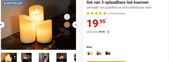 Set van 3 oplaadbare led - kaarsen voor 19,95€ op nieuwsbladshop