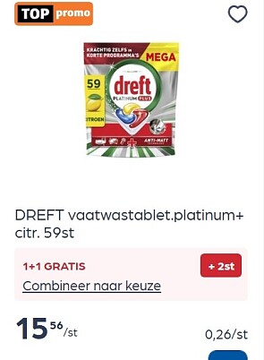 Dreft vaatwastabletten platinum + citroen 59 stuks voor 0,13/tab