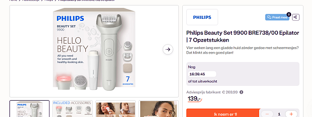 ✨ Philips Beauty Set 9900 BRE738/00 epilator met 7 opzetstukken in de aanbieding!