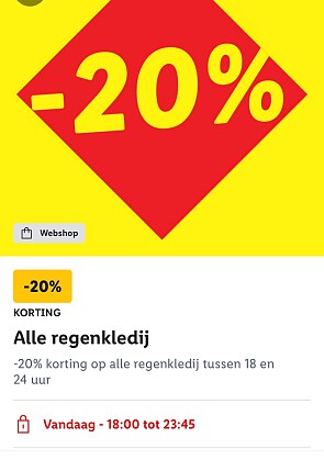 20% korting op alle regenkledij in de Lidl app van 18 u - 24u