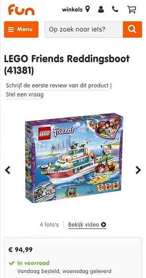 Lego friends reddingsboot, €94 bij Fun en €67...