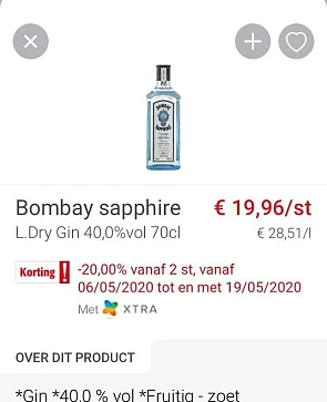 Bombay sapphire gin in Colruyt 15,97eur/fles...