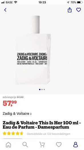 Op Bol.com €57,99 ipv €97,99 voor 100 ml eau...