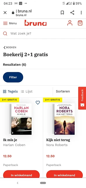 Bij Bruna.nl : vele boeken 2+1 gratis.