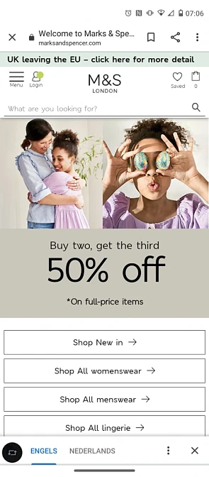 Marks & Spencer 3de item aan 50% korting