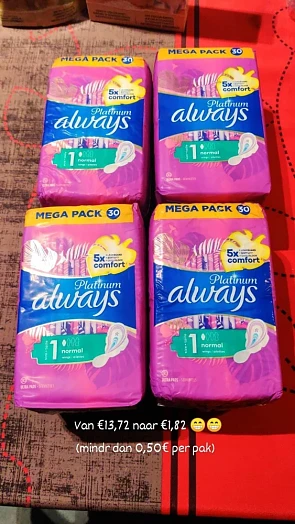 Colruyt gisteren Always van €13,72 naar €1,82...