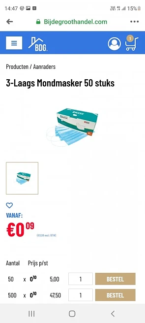 Bijdegroothandel.com nu mondmaskers 3-laags g...