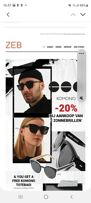 Zeb.be 20% korting bij aankoop van 2 Komono z...