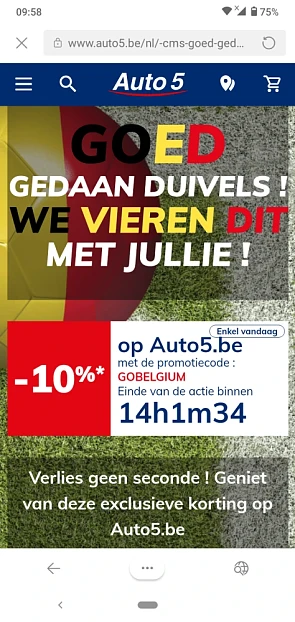 Bij auto5 krijg je met de code GOBELGIUM 10%...