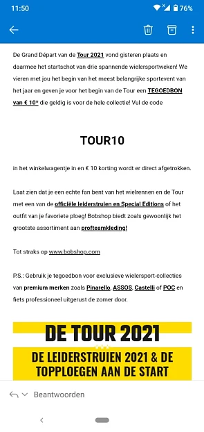 Bij bobshop krijg je met de code TOUR10 €10 K...