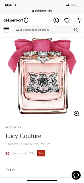 Juicy Couture 100 ml aan €30 bij De Bijenkorf...