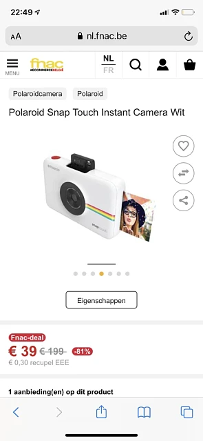 Bij Fnac Polaroid snap touch camera aan €39....