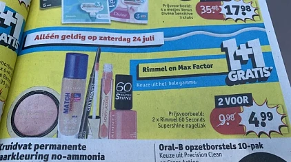 Rimmel en Max Factor 1+1 gratis bij Kruidvat....