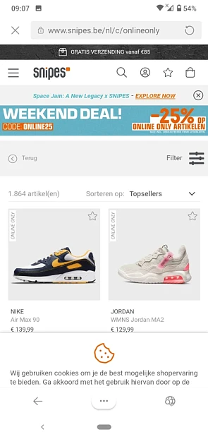 Bij snipes krijg je met de code ONLINE25 25%...