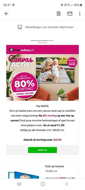 Nu bij fotocadeau.nl 80% korting op canvasdoe...