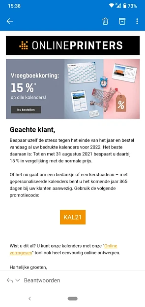 Bij Onlineprinters krijg je met de code KAL21...