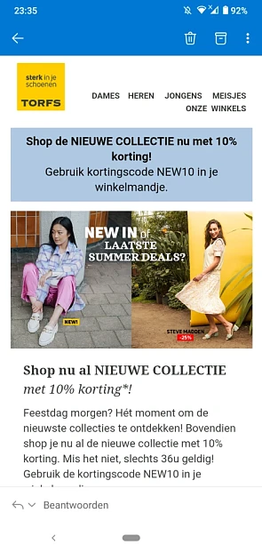 Bij Torfs krijg je met de code NEW10 10% Kort...