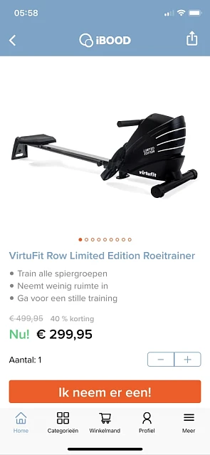 Virtufit roeitrainer in de IBOOD app aan een...