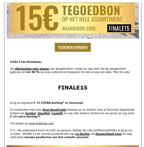 Bij Bobshop krijg je met de code FINALE15 kri...
