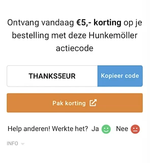 Via deze code krijg je €5 korting bij Hunkemö...