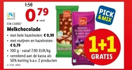 Fin carre melkchocolade 1 + 1 gratis bij Lidl...