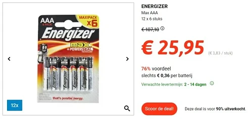 76% korting op batterijen (van Energizer) bij...