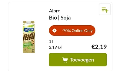delhaize.be -70% alpro bio soja 1L, -70% bado...
