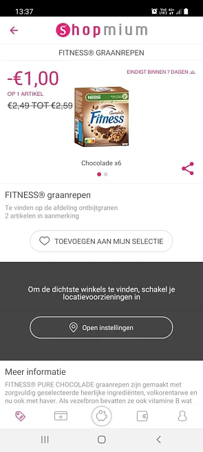 Shopnium 1€ cashback op nestle fitness repen
