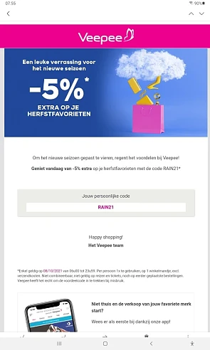 Vandaag op Veepee 5% korting met de code RAIN...