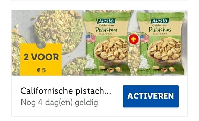 Lidl 2 voor €5 pistachnoten, 30% korting kip...