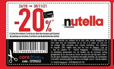 Cora -20% bij aankoop van 2 artikelen nutella...